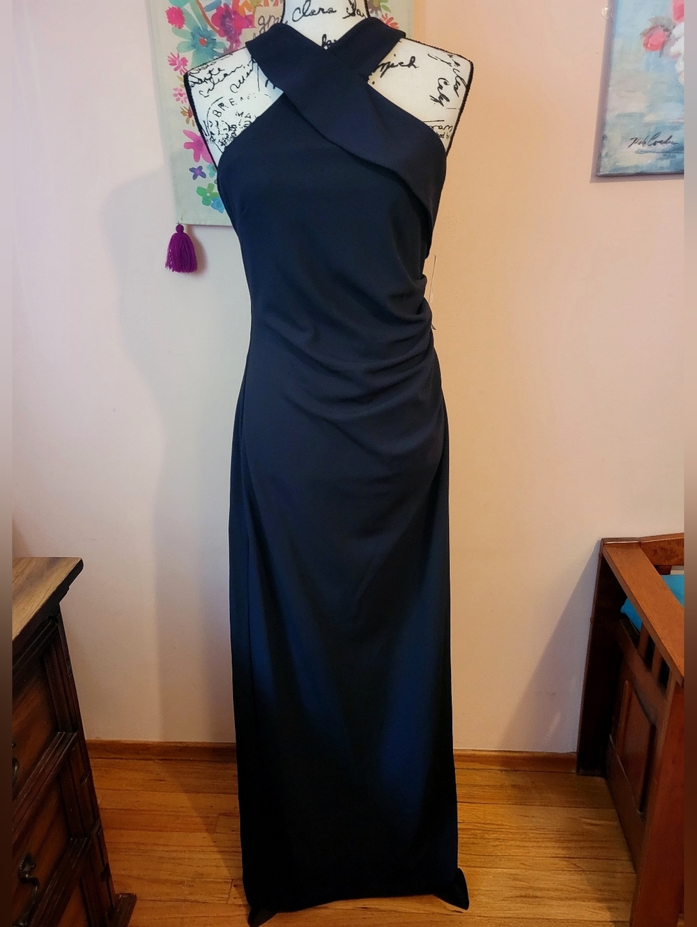 Evenings Stunning Scuba Cross-Neck Black Evening Gown With Back Slit, NWT, 12